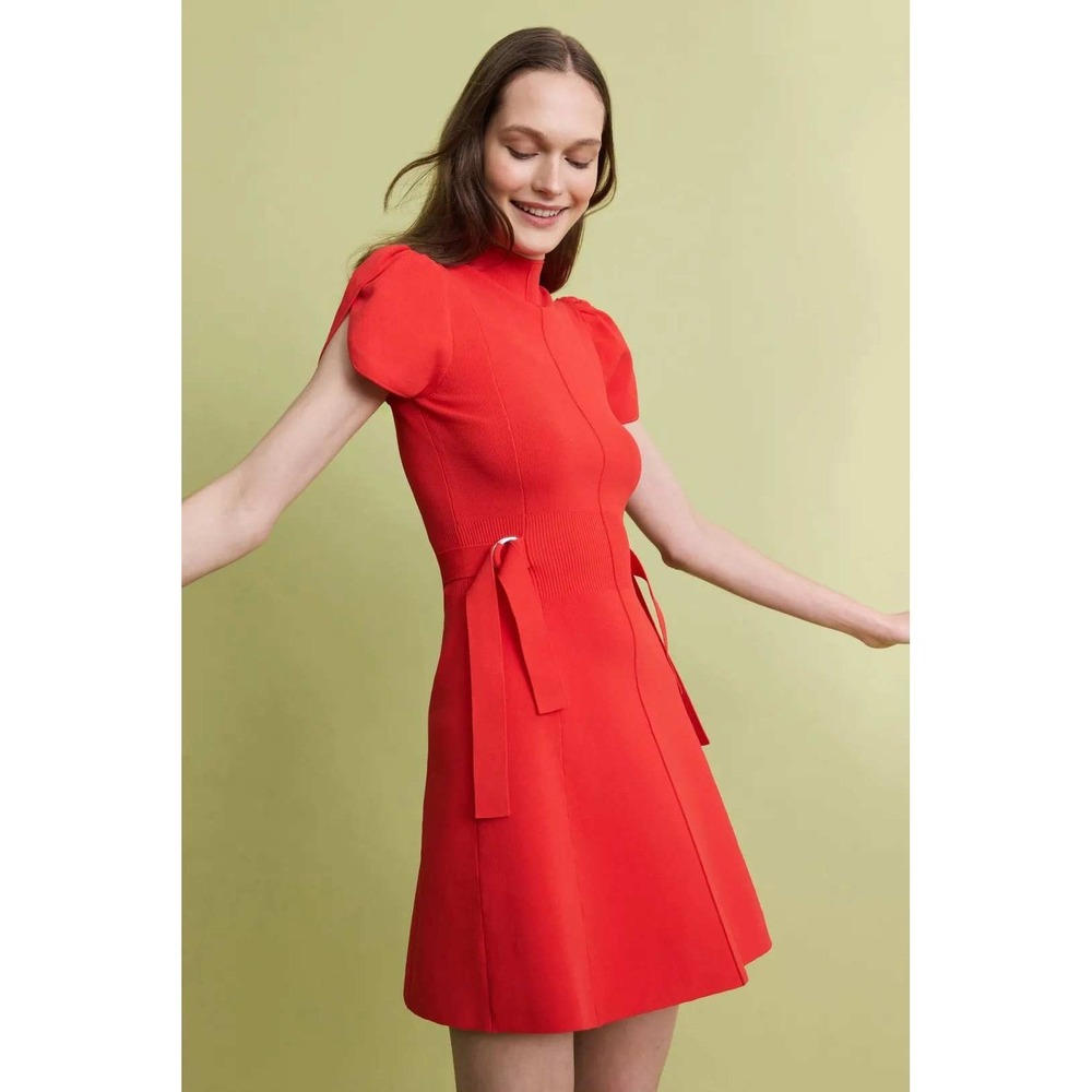 3.1 Phillip Lim Compact Rib Tulip Mini Dress Red Puff Sleeve Mock Neck Sz M